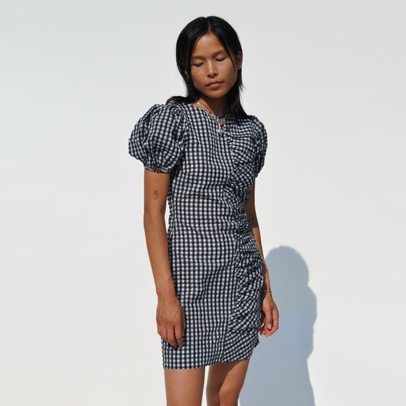 Ganni Seersucker Monochrome Puff Sleeve Dress - Picture 3 of 6